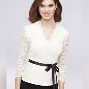 Alex Evenings Faux Wrap Ivory Glitter Lace Blouse with Black Sash
